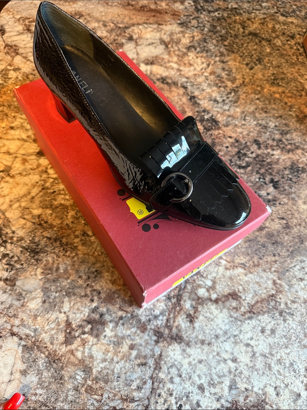 Vaneli Black Patent Leather Kiltie Loafer Pump